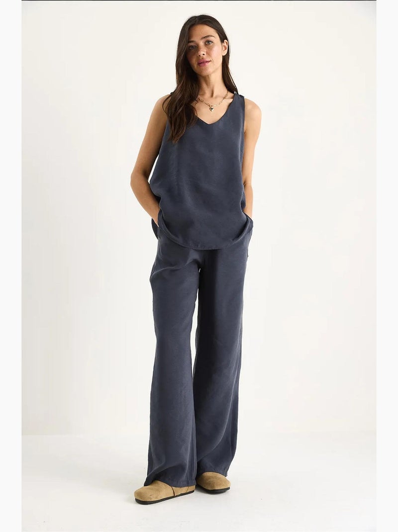 Set due pezzi in cotone con blusa scollo a v e pantaloni lucci Grigio nero - Kiabi