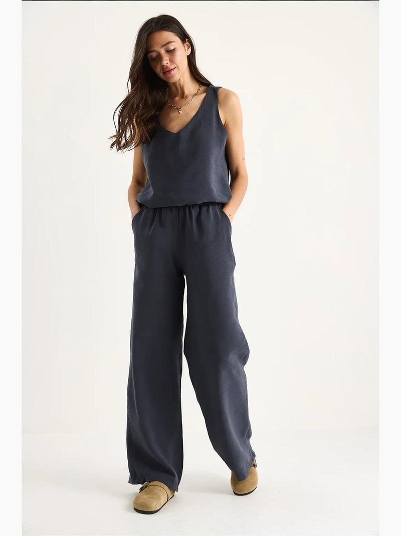 Set due pezzi in cotone con blusa scollo a v e pantaloni lucci Grigio nero - Kiabi