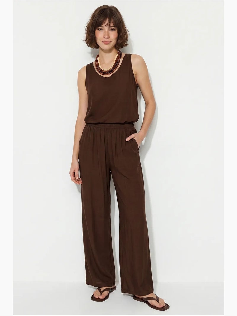 Set due pezzi in cotone con blusa scollo a v e pantaloni lucci Marrone - Kiabi