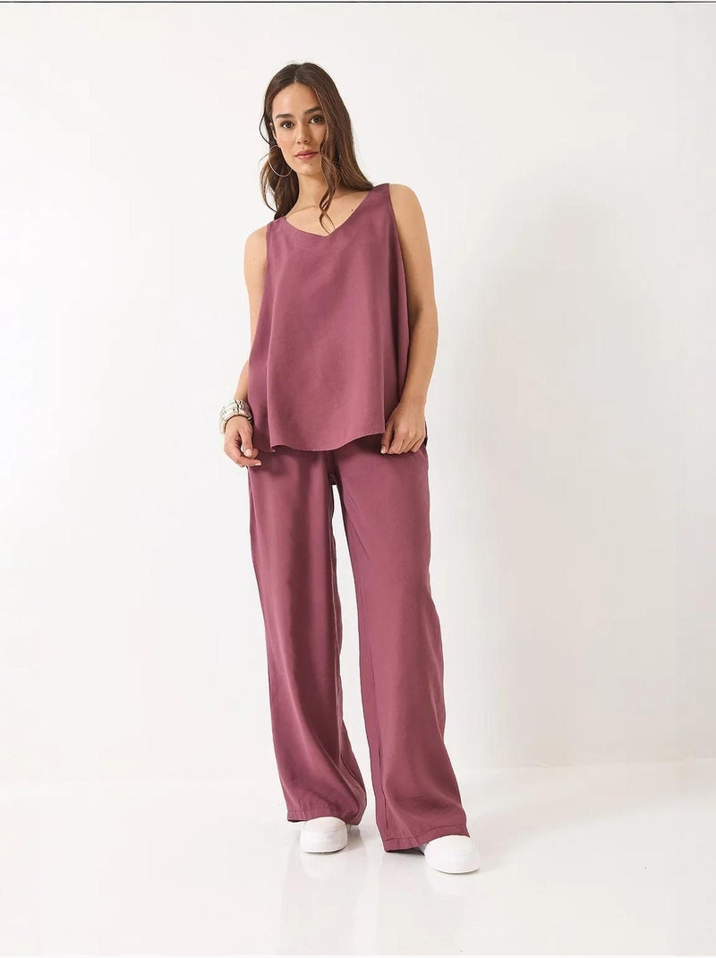 Set due pezzi in cotone con blusa scollo a v e pantaloni lucci Prugna - Kiabi