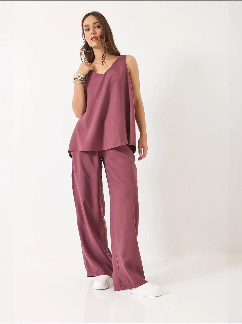 Set due pezzi in cotone con blusa scollo a v e pantaloni lucci Prugna - Kiabi