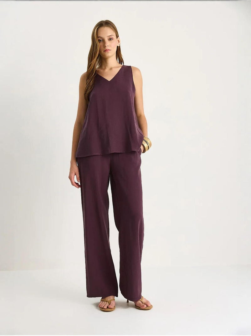 Set due pezzi in cotone con blusa scollo a v e pantaloni lucci Viola melanzana - Kiabi