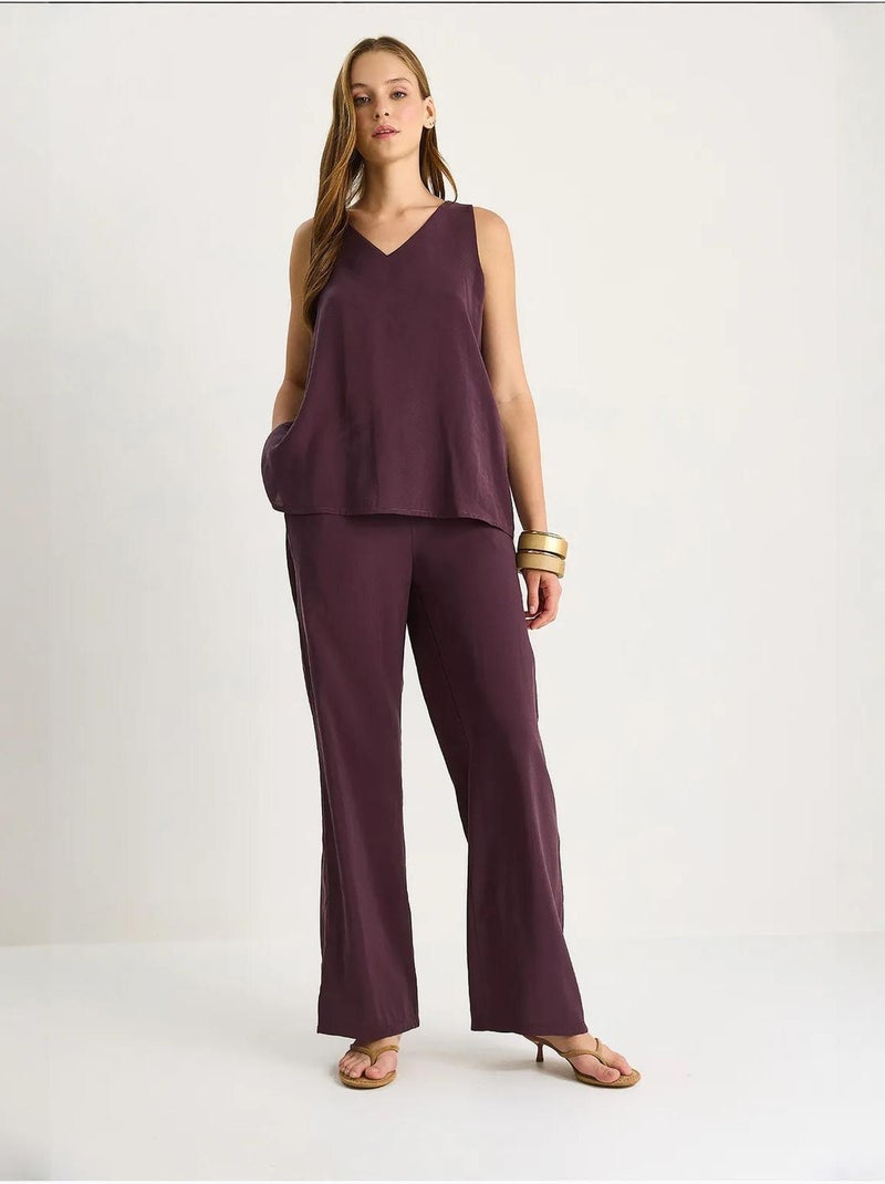 Set due pezzi in cotone con blusa scollo a v e pantaloni lucci Viola melanzana - Kiabi