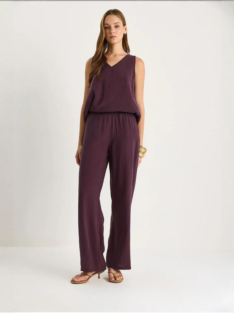Set due pezzi in cotone con blusa scollo a v e pantaloni lucci Viola melanzana - Kiabi