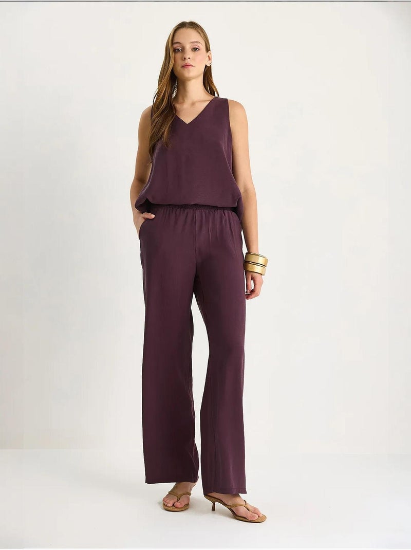 Set due pezzi in cotone con blusa scollo a v e pantaloni lucci Viola melanzana - Kiabi