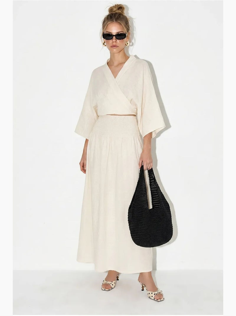 Set due pezzi in cotone con camicetta e gonna midi lucci Beige naturale - Kiabi