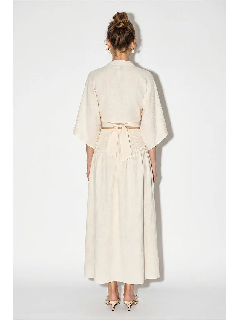 Set due pezzi in cotone con camicetta e gonna midi lucci Beige naturale - Kiabi