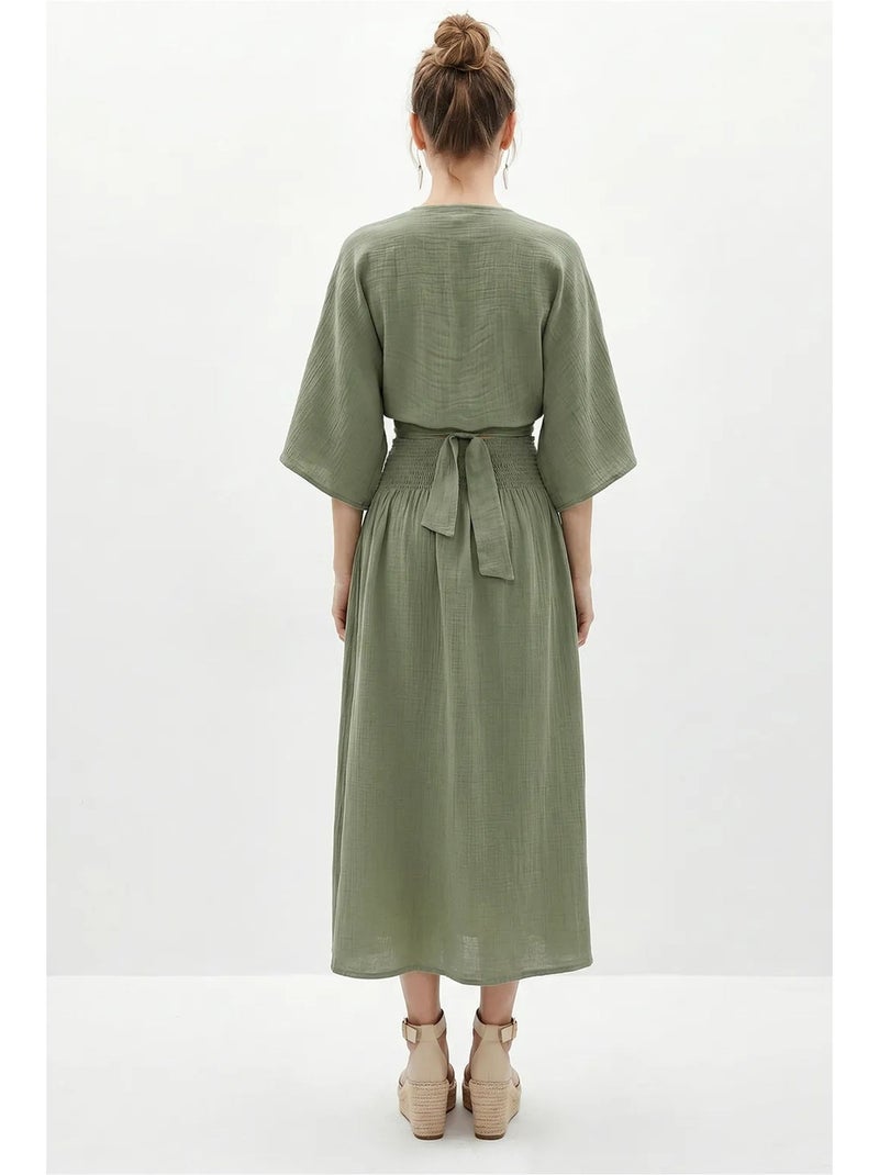 Set due pezzi in cotone con camicetta e gonna midi lucci Cachi - Kiabi
