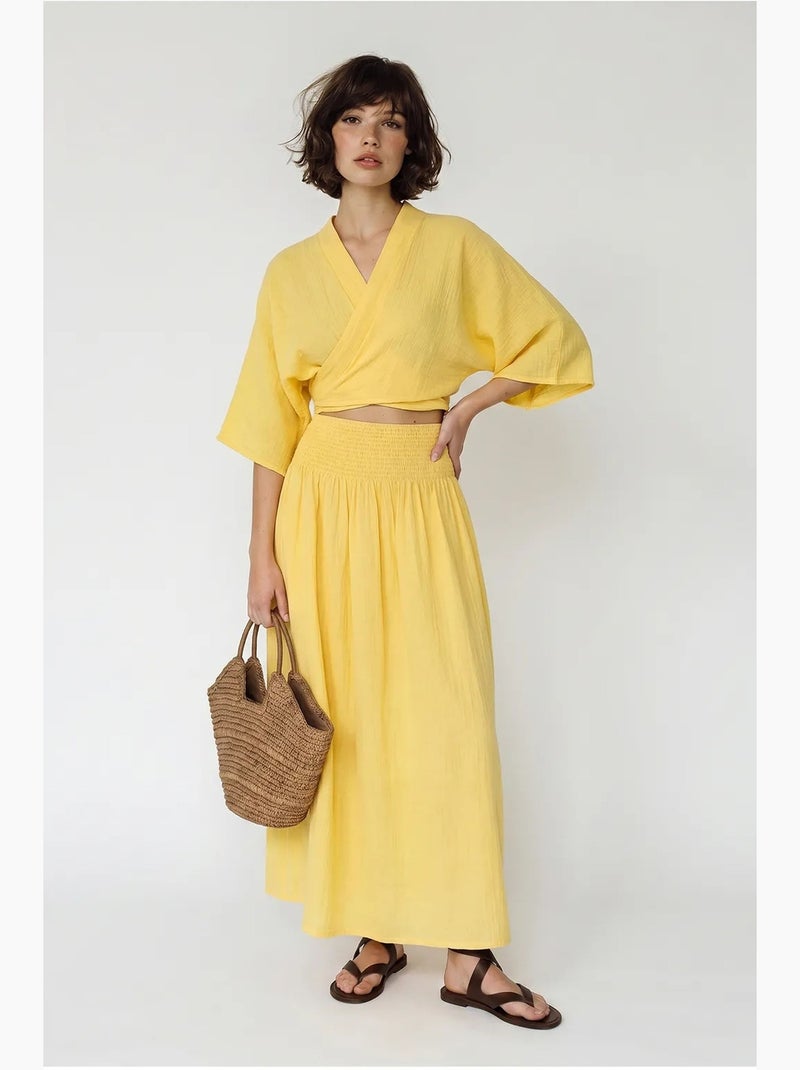 Set due pezzi in cotone con camicetta e gonna midi lucci Giallo limone - Kiabi