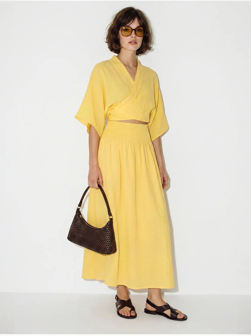 Set due pezzi in cotone con camicetta e gonna midi lucci Giallo limone - Kiabi