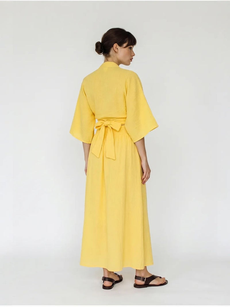 Set due pezzi in cotone con camicetta e gonna midi lucci Giallo limone - Kiabi