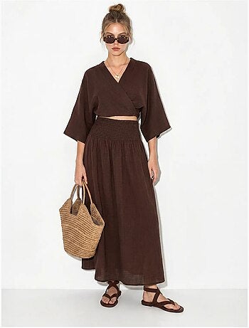 Set due pezzi in cotone con camicetta e gonna midi lucci
