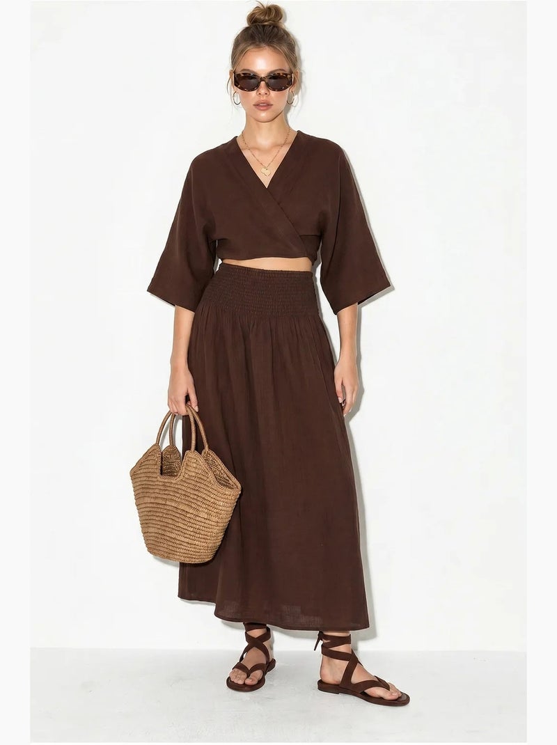Set due pezzi in cotone con camicetta e gonna midi lucci Marrone cioccolato - Kiabi