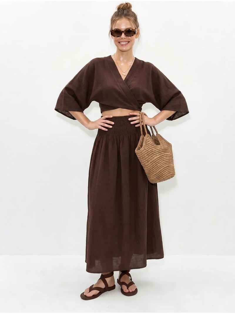 Set due pezzi in cotone con camicetta e gonna midi lucci Marrone cioccolato - Kiabi
