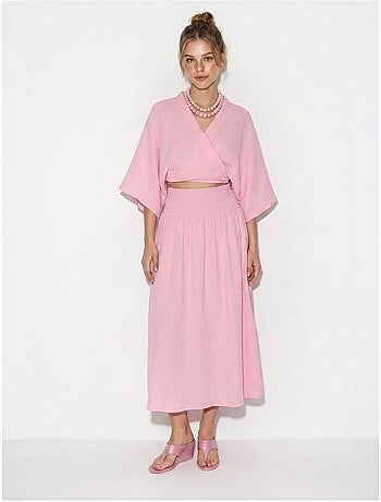 Set due pezzi in cotone con camicetta e gonna midi lucci