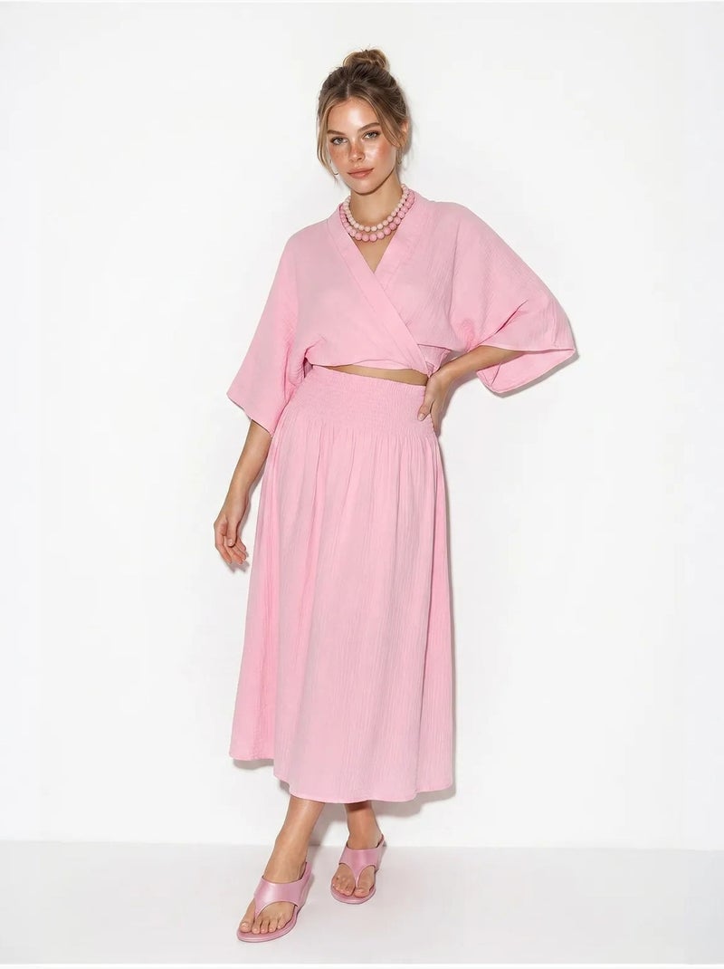 Set due pezzi in cotone con camicetta e gonna midi lucci Rosa - Kiabi