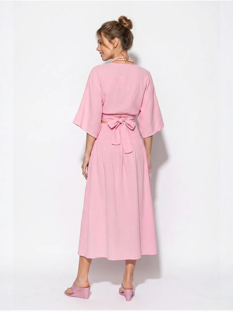 Set due pezzi in cotone con camicetta e gonna midi lucci Rosa - Kiabi
