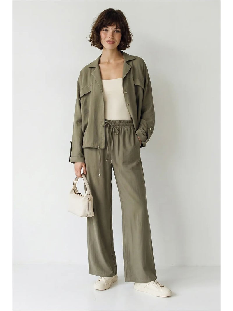 Set due pezzi in crêpe con camicetta e pantaloni a gamba ampia lucci Cachi - Kiabi