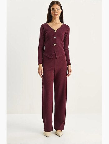 Set due pezzi in maglia con scollo a v e pantaloni a gamba ampia lucci