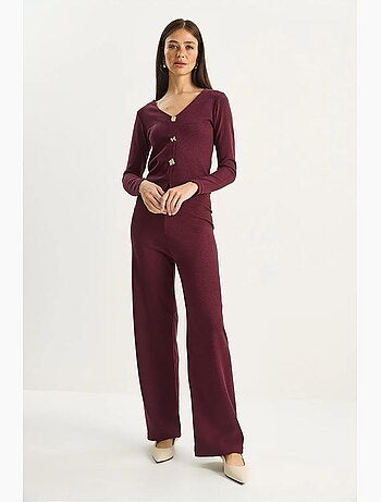 Set due pezzi in maglia con scollo a v e pantaloni a gamba ampia lucci