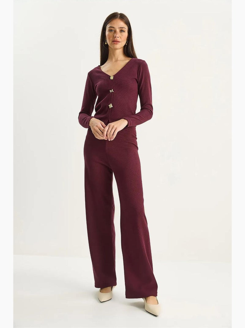 Set due pezzi in maglia con scollo a v e pantaloni a gamba ampia lucci Rosso bordeaux - Kiabi