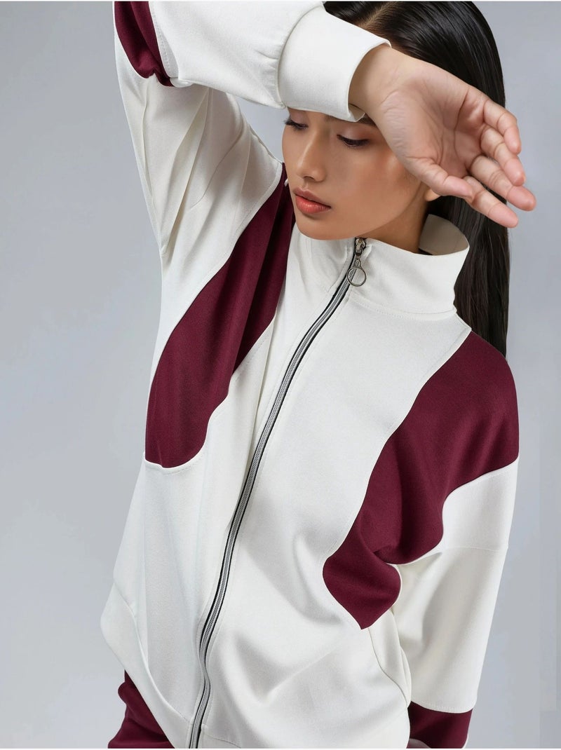Set due pezzi modal touch color block con colletto con zip e gamba ampia, hiccup Rosso bordeaux - Kiabi