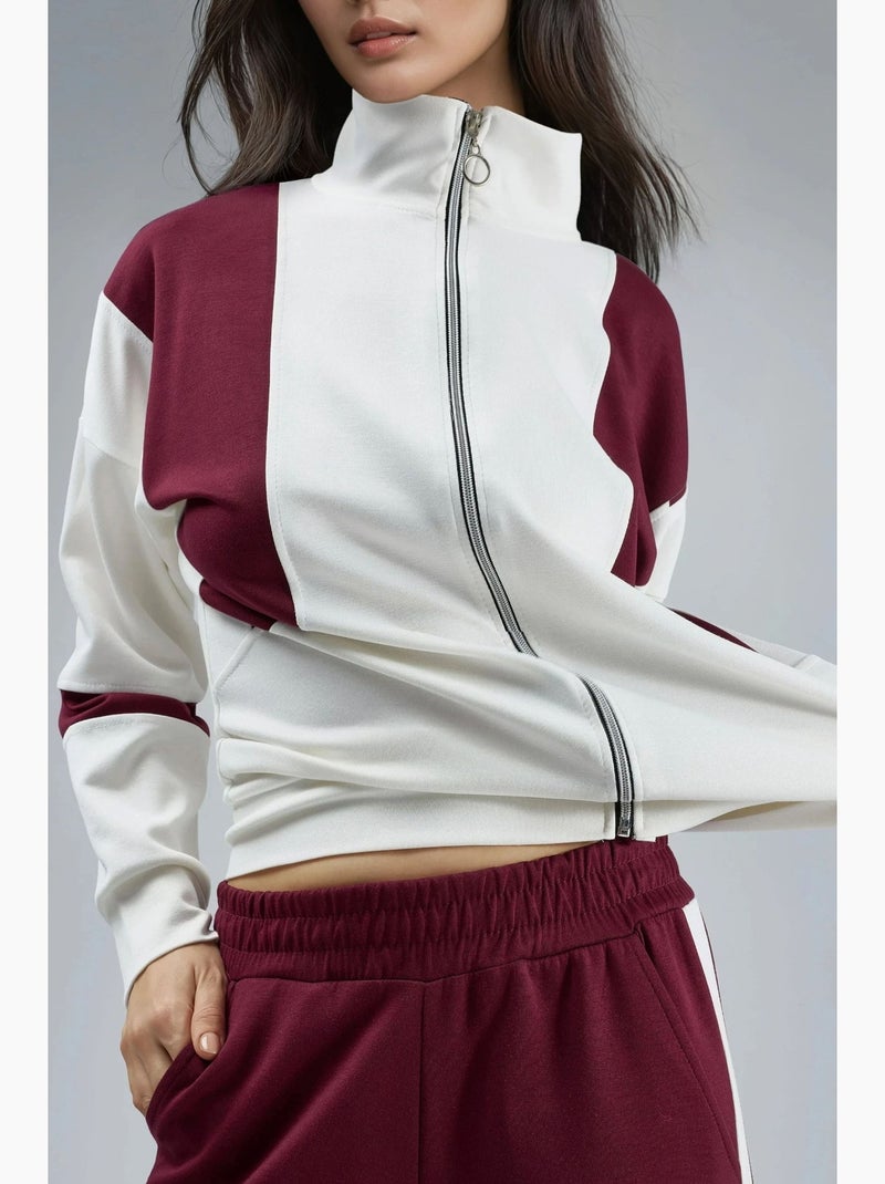 Set due pezzi modal touch color block con colletto con zip e gamba ampia, hiccup Rosso bordeaux - Kiabi