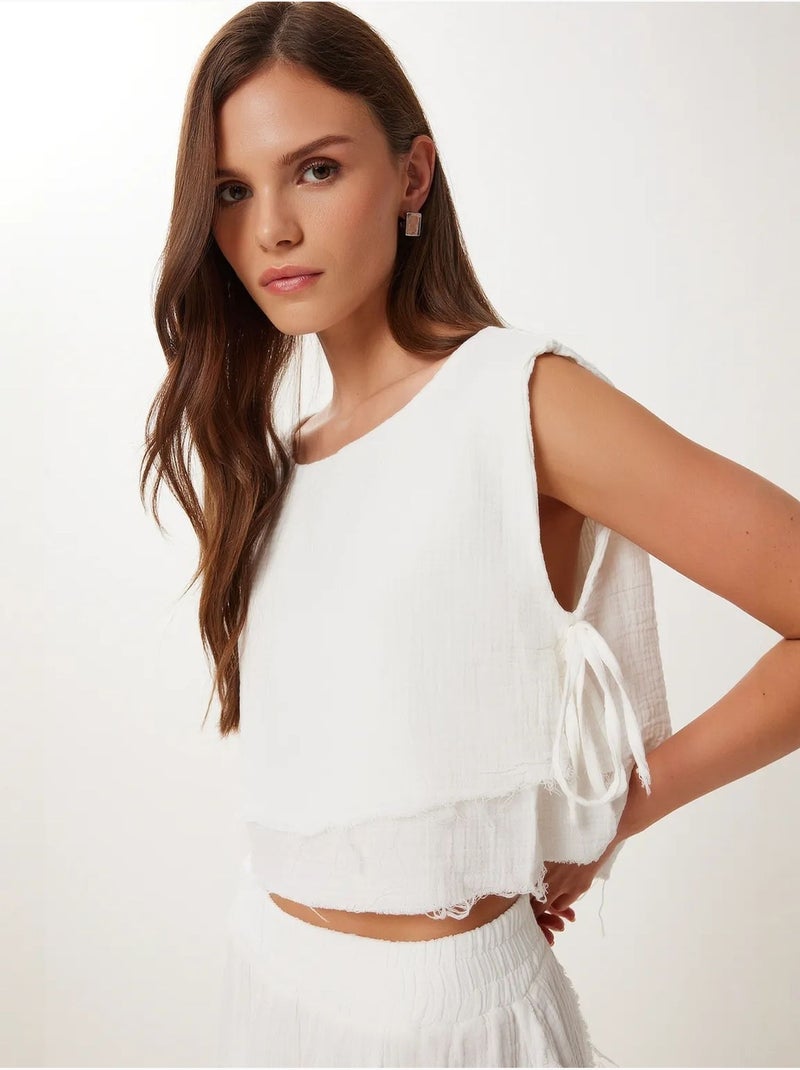 Set in cotone con blusa senza maniche e gonna a gamba ampia istanbul Avorio - Kiabi