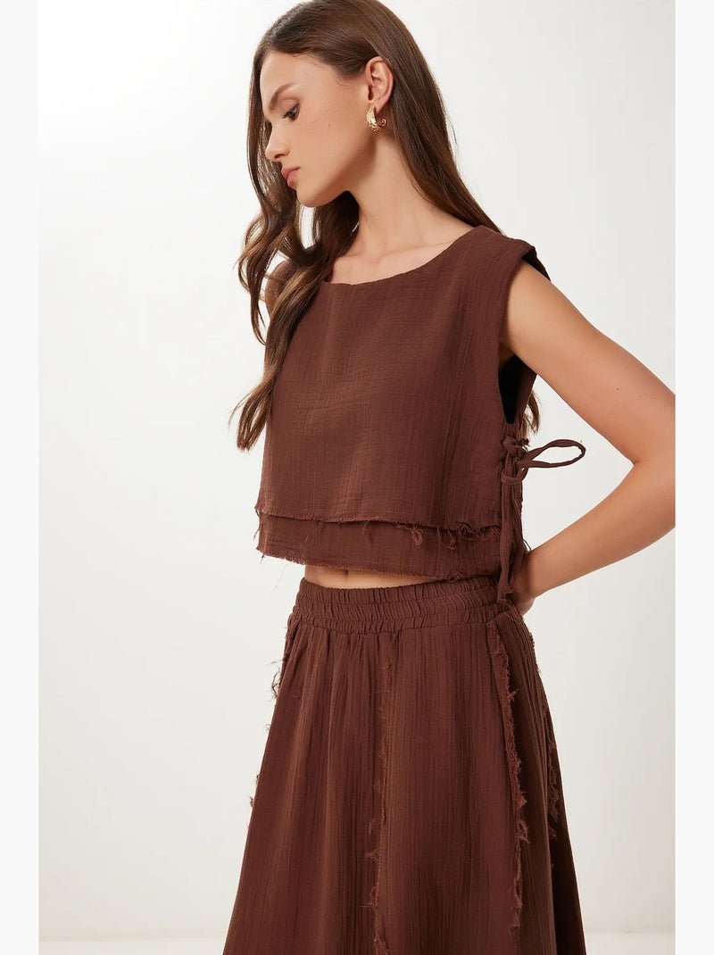 Set in cotone con blusa senza maniche e gonna a gamba ampia istanbul Marrone - Kiabi
