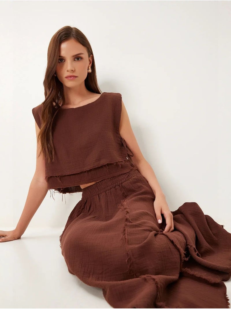 Set in cotone con blusa senza maniche e gonna a gamba ampia istanbul Marrone - Kiabi