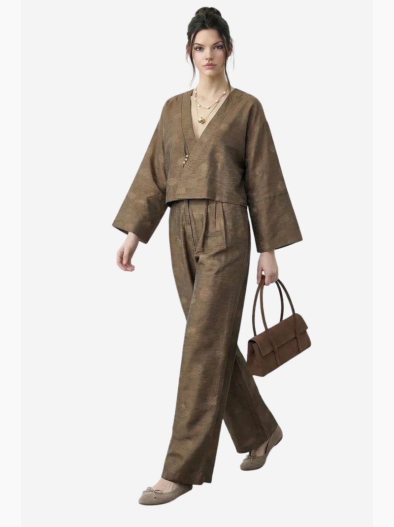 Set kimono oversize con scollo a v floreale e pantaloni a gamba ampia lucci Cachi - Kiabi