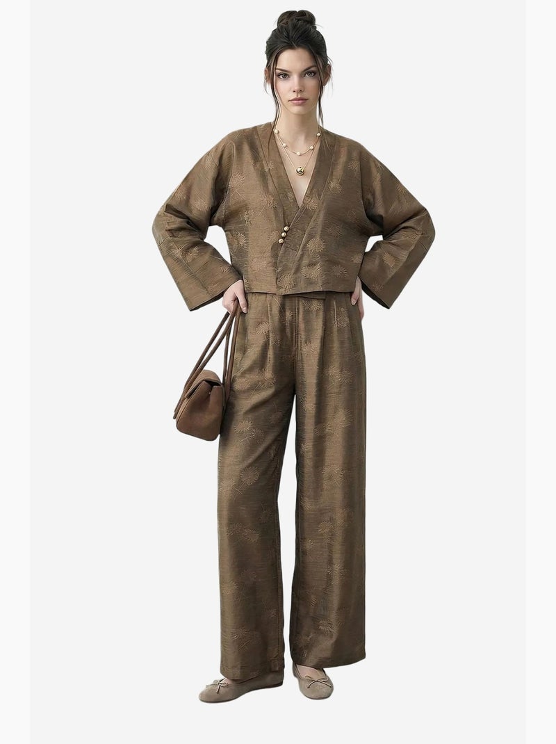 Set kimono oversize con scollo a v floreale e pantaloni a gamba ampia lucci Cachi - Kiabi