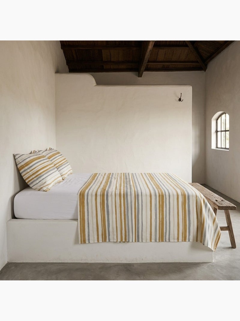 Set lenzuola 100% cotone a righe, include federa - Gamusi Grigio Bianco Ocra - Kiabi