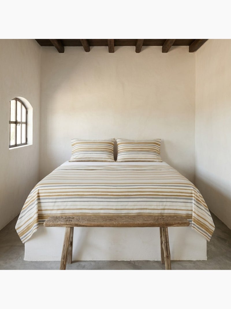 Set lenzuola 100% cotone a righe, include federa - Gamusi Grigio Bianco Ocra - Kiabi