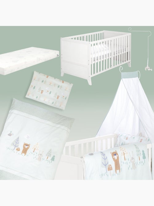 Set lettino 'Wooland Buddies' 70 x 140 con accessori completi - Bianco / Verde pastello - Kiabi