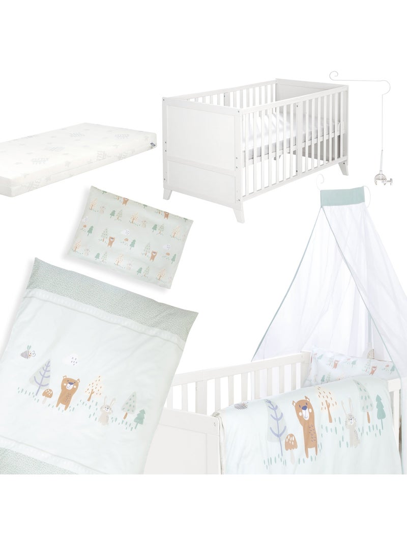 Set lettino 'Wooland Buddies' 70 x 140 con accessori completi - Bianco / Verde pastello Bianco - Kiabi