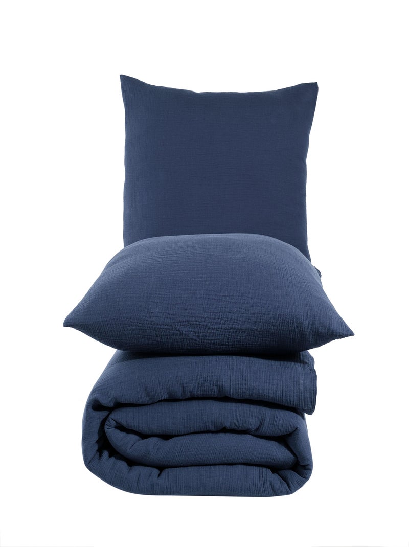 Set letto + 2 federe 65x65 cm  garza di cotone Blu marino - Kiabi