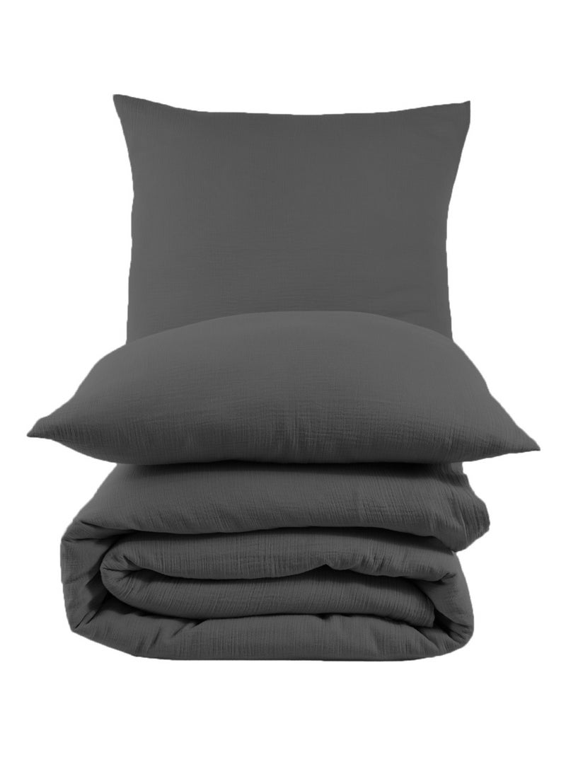 Set letto + 2 federe 65x65 cm  garza di cotone Grigio antracite - Kiabi