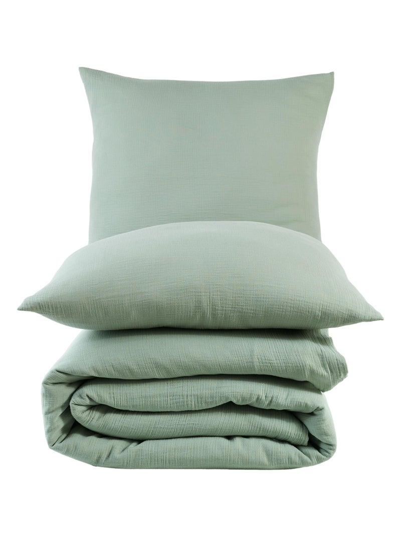 Set letto + 2 federe 65x65 cm  garza di cotone Verde acqua - Kiabi