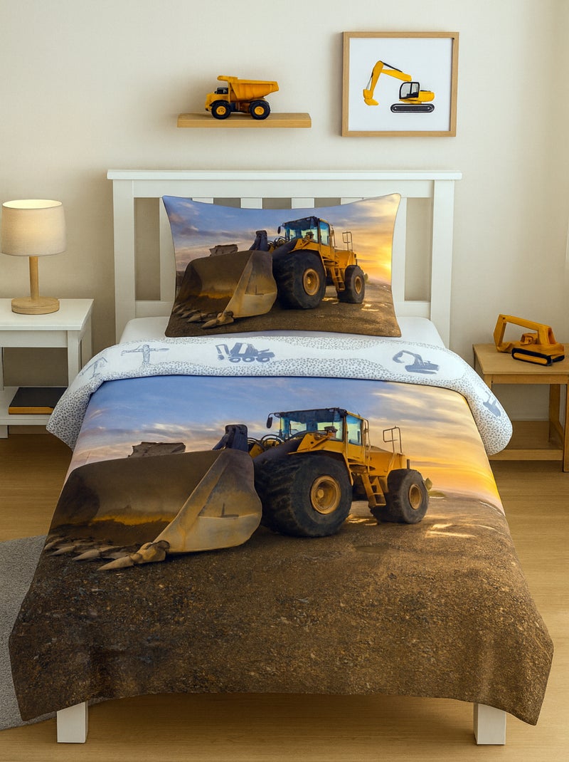 Set Letto Bambino Escavatore, 100% Cotone Oeko-Tex, Stampa Reversibile, Letto Singolo, CANTIERE Blu - Kiabi
