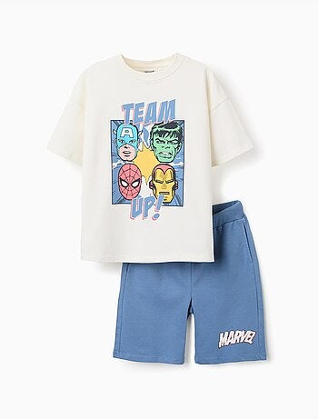 Set maglietta in cotone e pantaloncini con stampa Avengers