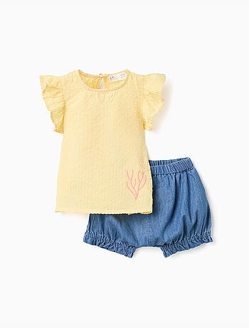 Set maglietta in cotone e pantaloncini in denim