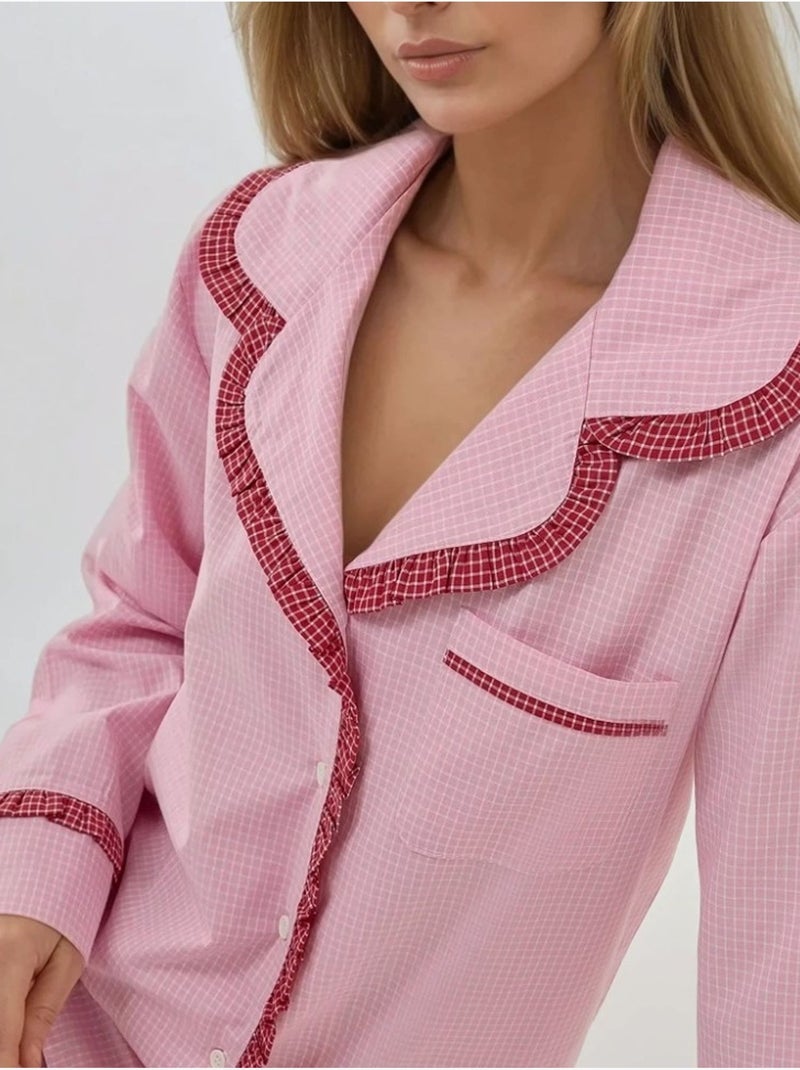 Set pigiama in cotone a quadri con colletto da camicia hiccup Rosa - Kiabi