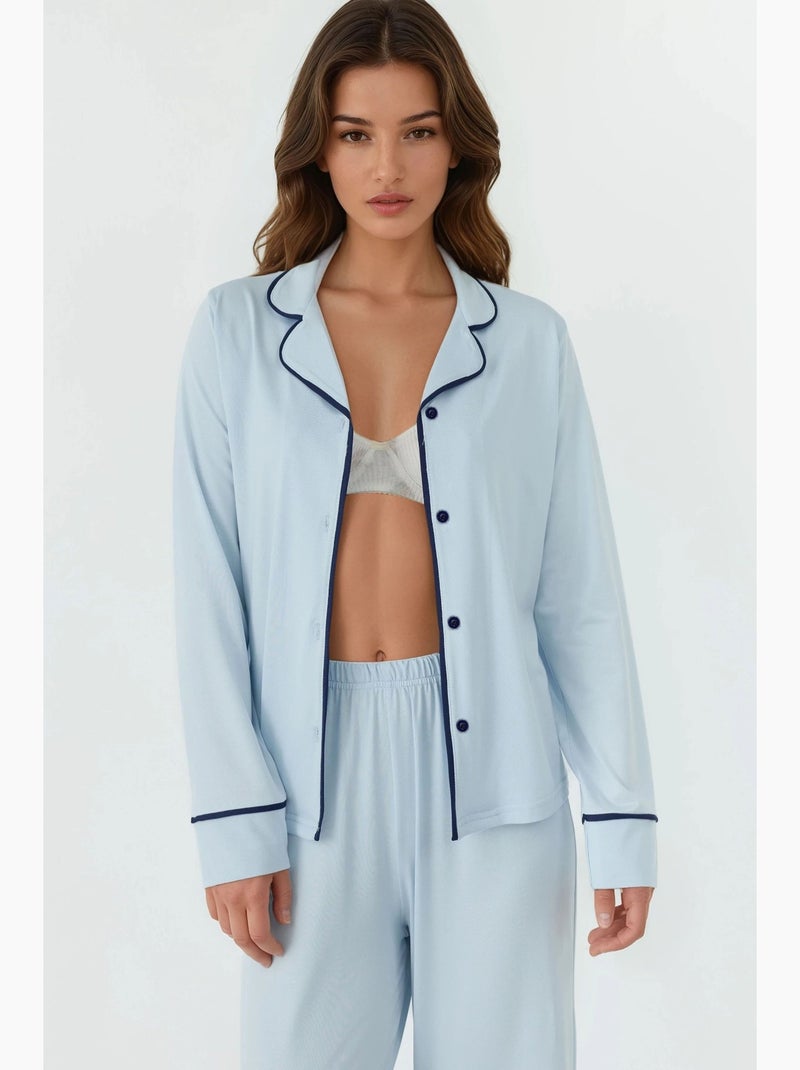Set pigiama relaxed fit a maniche lunghe con tocco extra morbido e colletto a camicia hiccup Blu cielo - Kiabi
