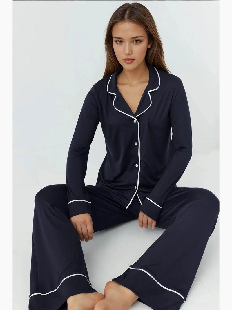 Set pigiama relaxed fit a maniche lunghe con tocco extra morbido e colletto a camicia hiccup Blu marino - Kiabi