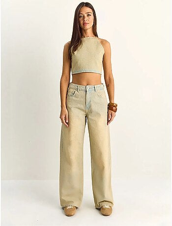 Set top halter in denim a vita alta e pantaloni a gamba larga lucci