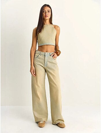 Set top halter in denim a vita alta e pantaloni a gamba larga lucci