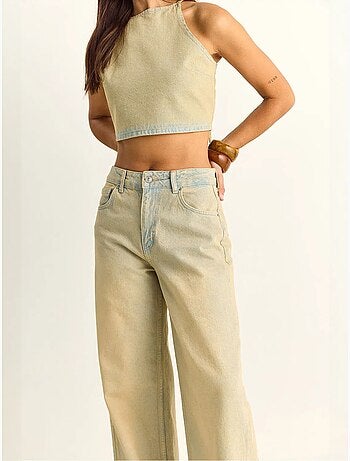 Set top halter in denim a vita alta e pantaloni a gamba larga lucci