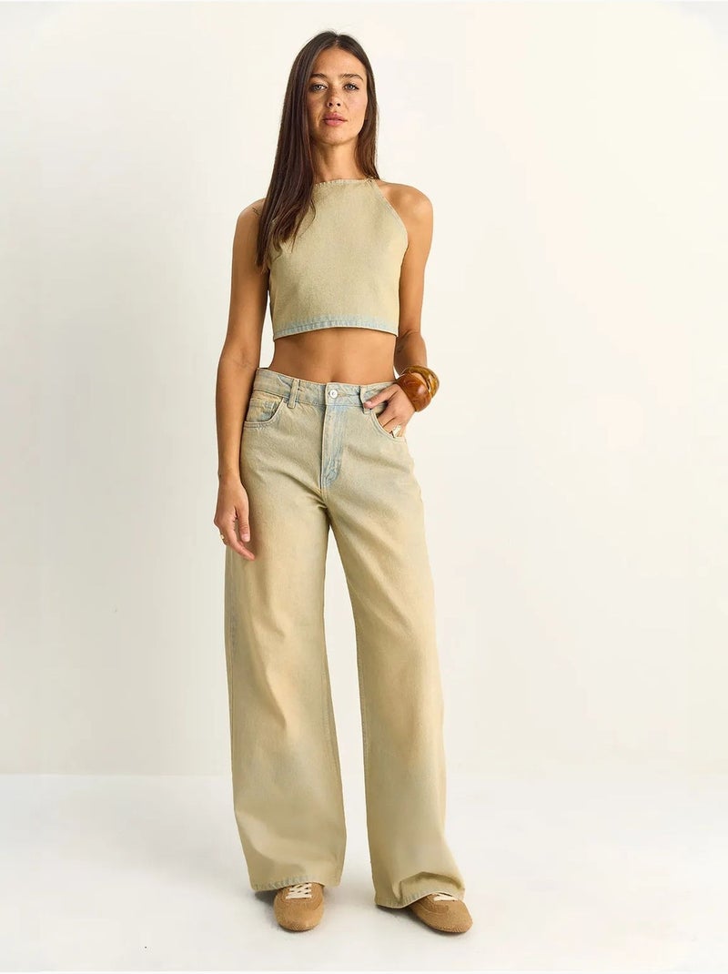 Set top halter in denim a vita alta e pantaloni a gamba larga lucci Beige argilla - Kiabi