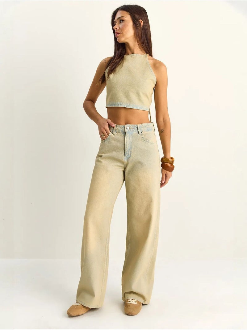 Set top halter in denim a vita alta e pantaloni a gamba larga lucci Beige argilla - Kiabi